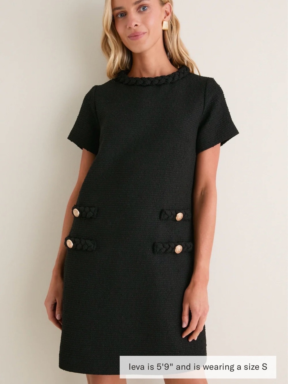 Tuckernuck Black Short-Sleeve Tweed Shift Dress with Braided Trim
